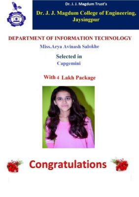 Miss.Arya Salunkhe Selected in Capgemini